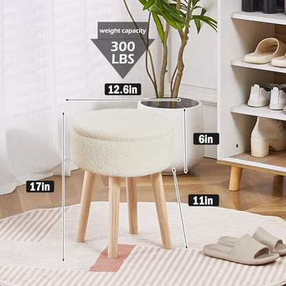 Storage Ottoman Foot Stool Teddy Velvet Round Vanity Stool Tray Top Footstool with Wood Legs Upholstered Foot Rest Ottoman for Living Room, Bathroom, Makeup (White)