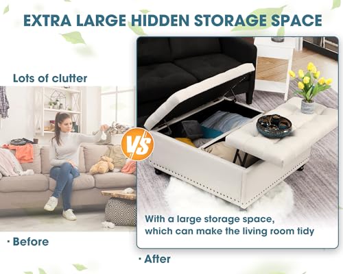 35.5" Large Square Ottoman with Storage, Tufted Upholstered Storage Ottoman with Lift Top & Solid Legs for Bedroom Room, Extra Large Coffee Tables Bench for Living Room as Footstool (Beige)