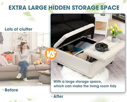 35.5" Large Square Ottoman with Storage, Tufted Upholstered Storage Ottoman with Lift Top & Solid Legs for Bedroom Room, Extra Large Coffee Tables Bench for Living Room as Footstool (Beige)