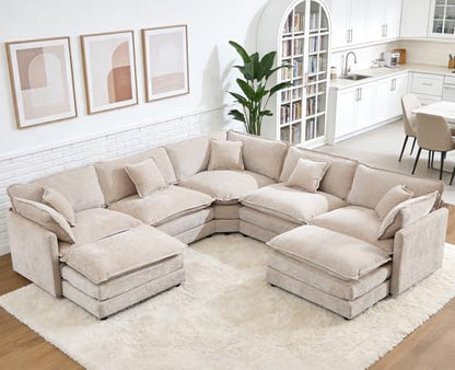 Oversized Modular Sectional Sofa, 7 Seater Deep Seat Cloud Couch Sectional | Chenille Corner Couch | 7 Pillows, 2 Ottomans | Sectional Couches for Spacious Living Room, Large Families| Light Camel