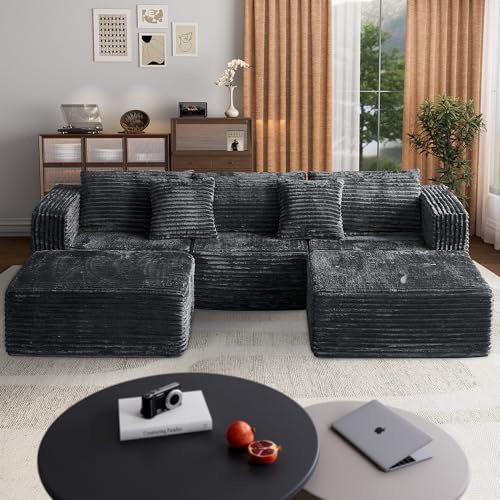 110 Corduroy Modular Sectional Boneless Sofa with 2 Ottomans, Convertible Cloud Couch with Deep Seats, Fluffy Memory Foam U Shaped Couch for Living Room, No Assembly Required (Black)