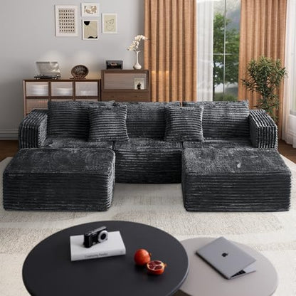 110 Corduroy Modular Sectional Boneless Sofa with 2 Ottomans, Convertible Cloud Couch with Deep Seats, Fluffy Memory Foam U Shaped Couch for Living Room, No Assembly Required (Black)