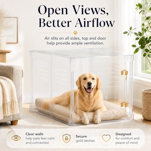 Clear Acrylic Large Dog Crate Furniture with Blush Cushion for Large Dogs, view 4