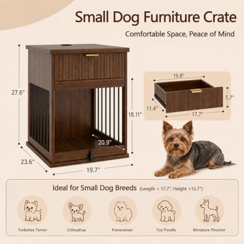 3-in-1 Dog Crate End Table with Charging Station & Drawer (Antique Brown), view 3
