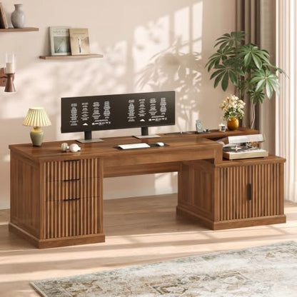 70.9" Executive Desk, Fluted Office Desk with Drawers, Brown, view 4