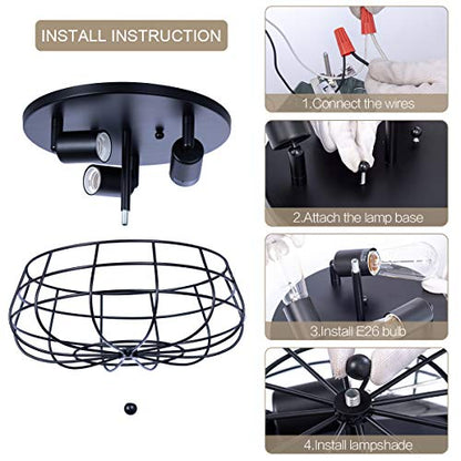 Industrial Black Semi Flush Mount Ceiling Light 3-Light Rustic Ceiling Lamp Fixture with Metal Cage for Kitchen Living Room Dining Room Bedroom Hallway