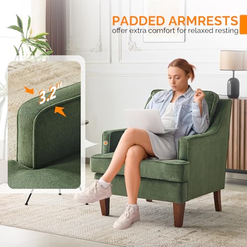 Mid-Century Modern Accent Chairs Set of 2, Green Upholstered Armchair Comfy Sofa Chairs Reading Chair High Back for Living Room Bedroom Furniture Apartment