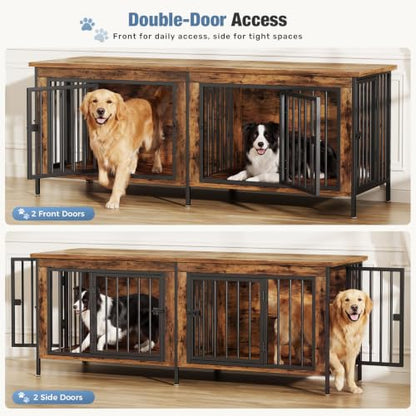 63" Dog Crate Furniture for 2 Dogs with Divider, Rustic Brown, view 3
