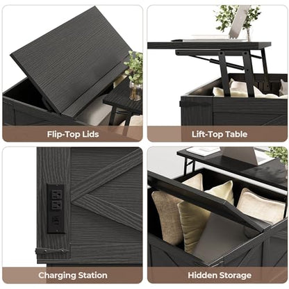 Farmhouse Lift Top Coffee Table, Square Wood Center Table with LED Lighting, USB-C Charging Station, and Hidden Storage Compartment - Rustic Black Living Room Furniture