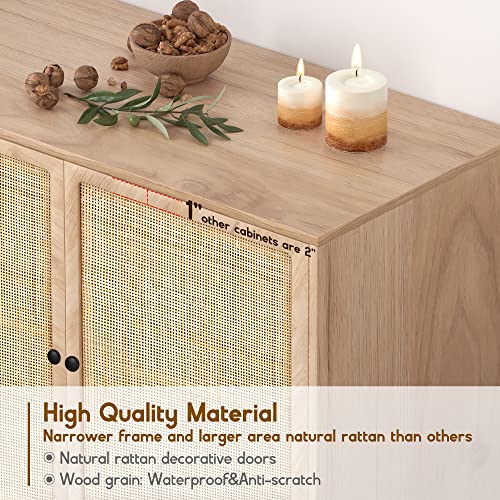 Rattan Sideboard Cabinet with 2 Doors, 31.5" Boho Buffet Credenza with Metal Legs, Natural Cane Accent Storage Cabinet for Living Room, Dining Room, Entryway, Set of 2