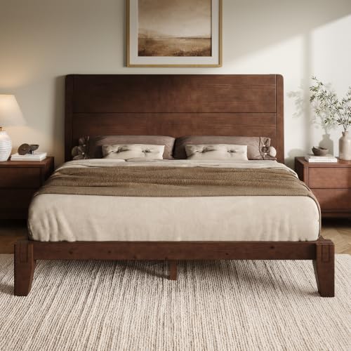 Solid Wood Queen Bed Frame with Headboard, Japanese Joinery,Walnut, view 2