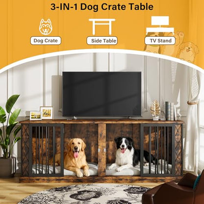 86.6" Double Dog Crate Furniture as TV Stand, Dog Kennel Furniture for 1 or 2 Dogs, Heavy Duty Dog Cage Indoor for Small/Medium/Large Dogs, Retro