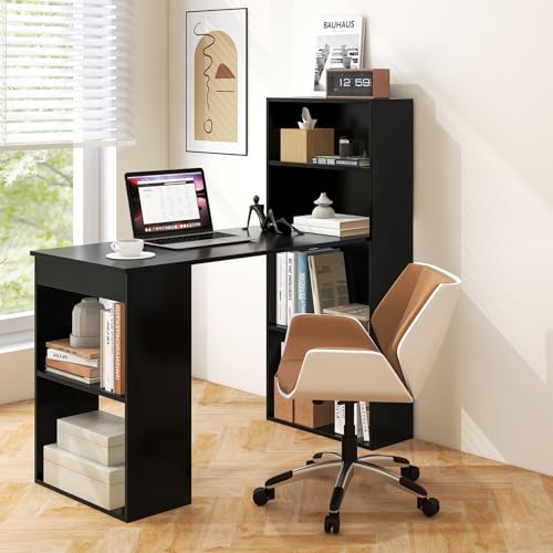 Computer Desk with Bookshelf, Writing Study Desk with Storage Shelves & CPU Stand, Modern Compact Computer Workstation for Home & Office, Space-Saving Design (Black)