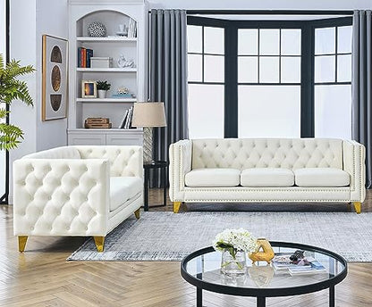 Comfy Upholstered Couches for Living Room, 58-inch Modern Button Tufted Loveseat Sofa w/Square Arm, 4 Golden Metal Legs and Gold Nail Heads for Living Room, Office, Apartment, Beige