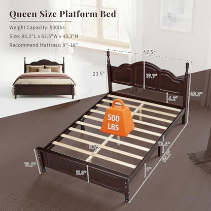 Dark Walnut Wood Bed Frame Queen Size with Wave Shaped Headboard, view 3