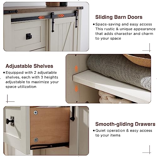 5 Drawers Dresser for Bedroom w/Sliding Barn Door, Farmhouse Modern Tall Dresser 5 Chest of Drawers, Storage Organizer for Bedroom, Hallway, Living Room, Kids Room, Antique White