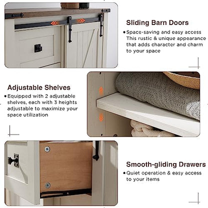 5 Drawers Dresser for Bedroom w/Sliding Barn Door, Farmhouse Modern Tall Dresser 5 Chest of Drawers, Storage Organizer for Bedroom, Hallway, Living Room, Kids Room, Antique White