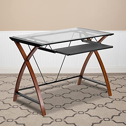 Jude Tempered Glass Computer Desk with Pull-Out Keyboard Tray and Crisscross Frame, Small Computer Desk for Home Office, Cherry/Clear