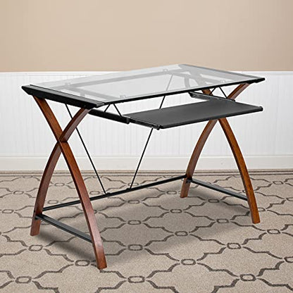 Jude Tempered Glass Computer Desk with Pull-Out Keyboard Tray and Crisscross Frame, Small Computer Desk for Home Office, Cherry/Clear