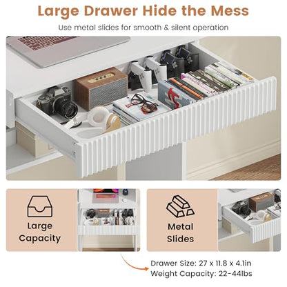 63" Tall Computer Desk with Hutch, Fluted Wood Computer Desk, Featuring Charging Station, Drawer and Storage Cabinet, for Home Office Work and Study (White)