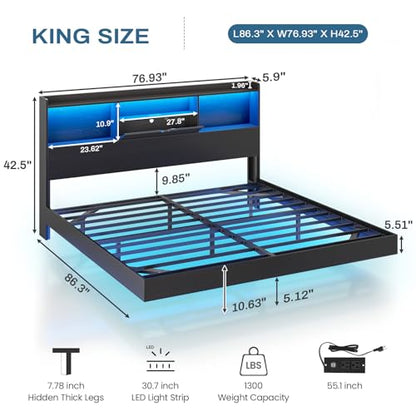 King Floating Bed Frame with LED Lights and Storage Headboard, view 3