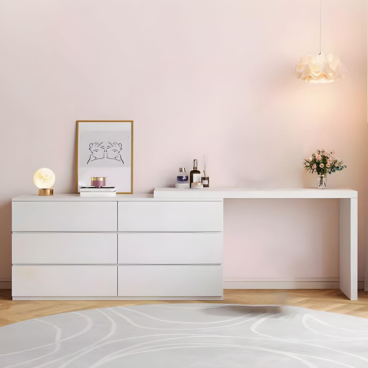 LAKIQ Modern White Makeup Vanity Desk with 6 Drawers Storage Manufactured Wood Adjustable Vanity Dressing Table for Small Space Without Mirror Stool (Vanity Desk Only, (31.5"+47.2")L x 16"W x 29.5"H)