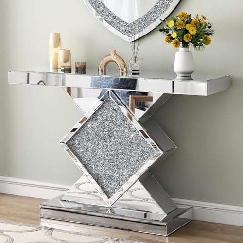 47.2'' Silver Console Table, Modern Entryway Tables with Diamond Shaped Mirror Finished, Glam Long Accent Narrow Table, Glass Sofa Table Foyer Table for Living Room Hallway Entrance
