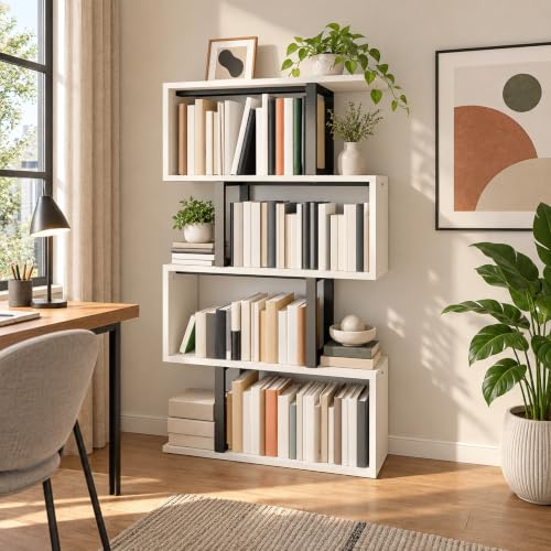 5-Tier S-Shaped Bookcase, Modern Display Shelf, Cream White, view 7