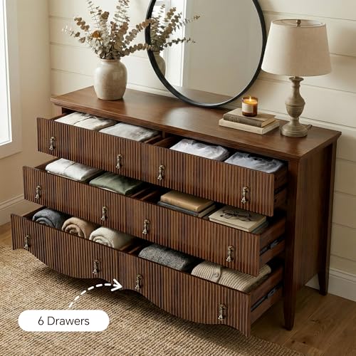 6-Drawer Fluted Dresser, 52" Wide Double Chest of Drawers,Walnut, view 6