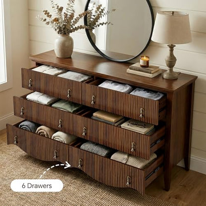 6-Drawer Fluted Dresser, 52" Wide Double Chest of Drawers,Walnut, view 6