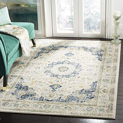 SAFAVIEH Evoke Collection Area Rug - 6'7" x 9', Ivory & Blue, Shabby Chic Oriental Medallion Design, Non-Shedding & Easy to Clean, Ideal for Living Room, Bedroom, Dining Space (EVK220C)
