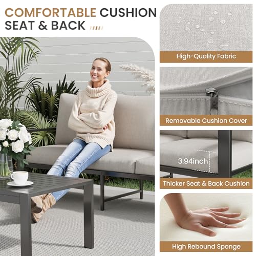 Aluminum Patio Furniture Sets Metal Outdoor Furniture Set with Cushion All-Weather Sectional Sofa with Coffee Table for for Backyard, Garden and Poolside Easy Assembly(Beige)