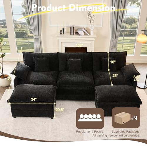 108" U-Shaped Modular Cloud Couch, Deep Seat, Chenille Black | Cloud Comfort, Couches for Living Room, Removable & Machine-Washable Covers, Movable Ottoman, Modular Sectional Sofa