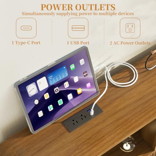 Queen Size Bed Frame with Headboard and Charging Station Walnut, view 5