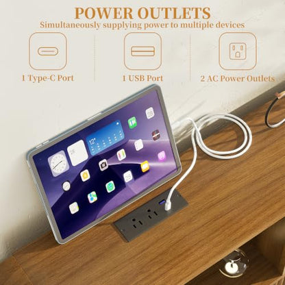 Queen Size Bed Frame with Headboard and Charging Station Walnut, view 5