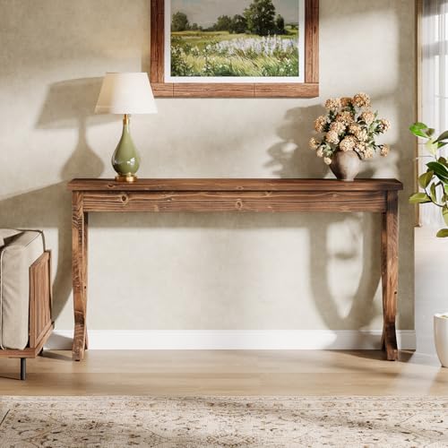 63-Inch Solid Wood Console Table for Entryway | Farmhouse Narrow Long Sofa Table with Curved Legs, Brown