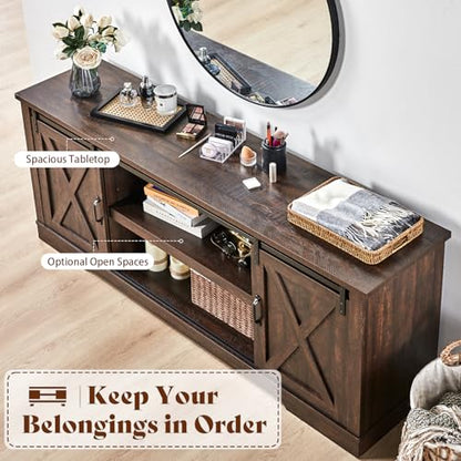 2 Piece Living Room Furniture Set, 84" Pull Out Sleeper Sofa with Storage Chaise, and 66" Farmhouse TV Stand for TVs up to 75"-Brown