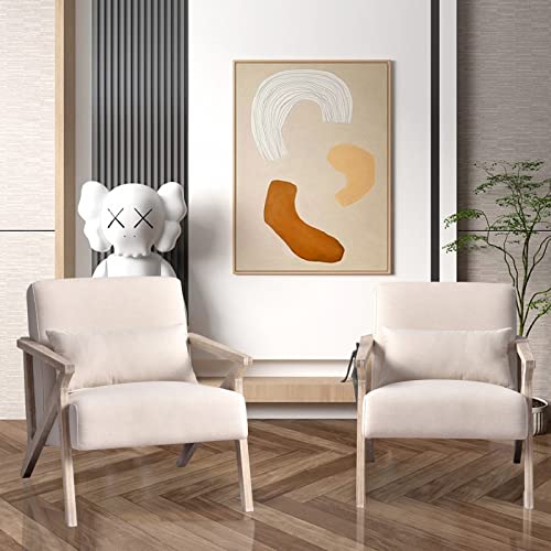Mid Century Modern Chair with Wood Frame, Upholstered Armchair with Waist Cushion, Accent Chair for Living Room Bedroom Apartment, Easy Assembly, Beige