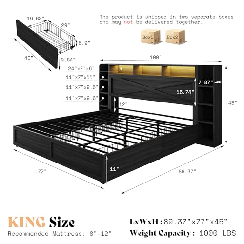45'' Farmhouse King Bed Frame with Headboard & Storage, Black, view 3