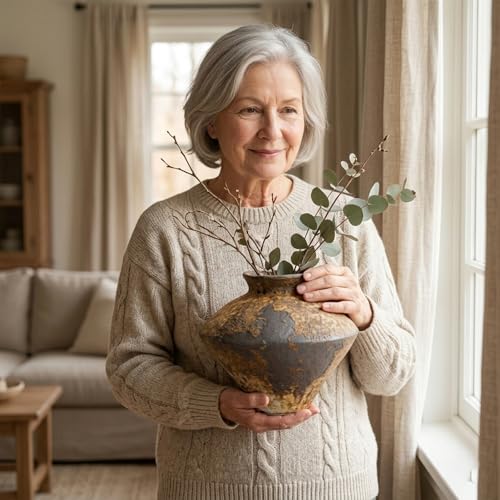 Small Stone Vase for Rustic Home Decor, Farmhouse Antique Pottery Vase Furniture&Table Flower Decorative, Round Terracotta Vases for Living Room Decor, Modern Rustic Concrete Clay Art Vases