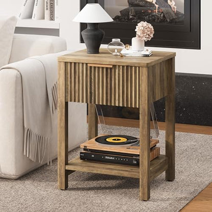 Fluted Nightstand with Drawer, Modern Beside Table with Open Shelf, Wood Brown Night Stand, Large Side Table, Curved Edge, End Table for Couch Bedroom Living Room (1, Brown) BNS102YW