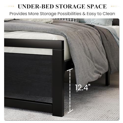 Heavy Duty King Size Bed Frame with Modern Headboard, Black, view 5