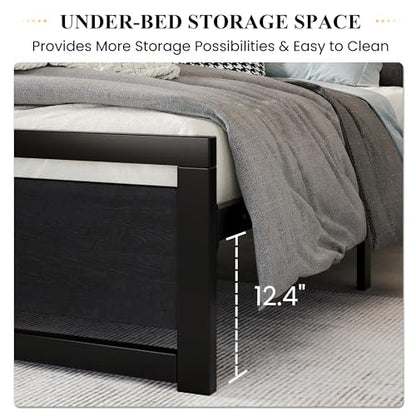 Heavy Duty King Size Bed Frame with Modern Headboard, Black, view 5