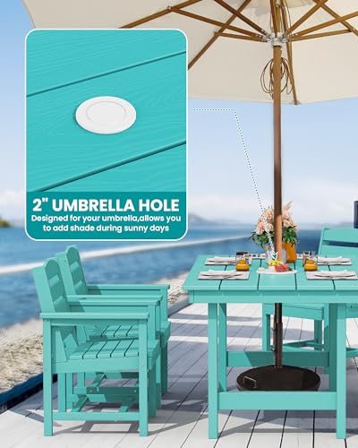 7-Piece Patio Table Set, Outdoor HDPE Dining Furniture with Umbrella Hole, All Weather Table and Chairs for Lawn, Garden, Poolside, Aruba