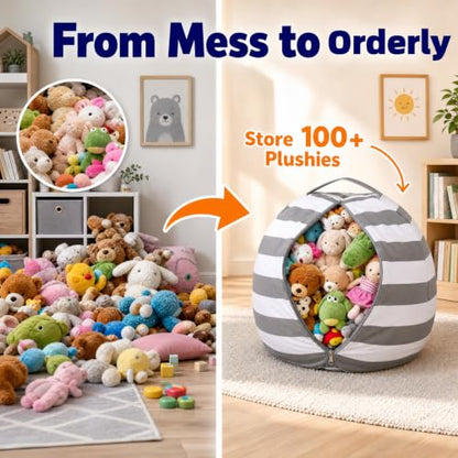 Amzlink® Stuffed Animal Storage Bean Bag Chair Cover for Adults - Stuffable Zipper Beanbag for Organizing Plush Toys, Heavy Duty Large Cotton Canvas, Ideal for Bedroom Playroom Classroo(L for Adults)
