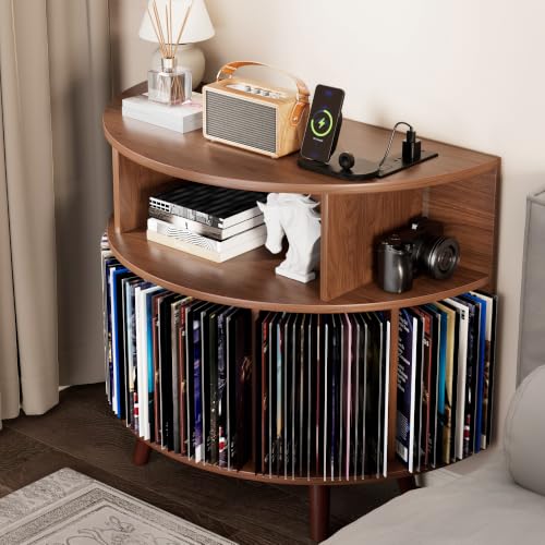 31.5" Record Player Stand with Power Outlet, Curved Vinyl Storage Cabinet, view 2