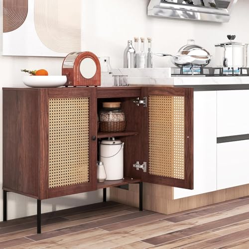 Buffet Cabinet, Rattan Sideboard Console Table Coffee Bar Accent Cabinet w/Adjustable Shelf, Walnut Credenza, Storage Cabinet for Entryway Kitchen Living Room Hallway (1, Walnut)