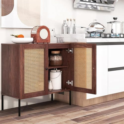 Buffet Cabinet, Rattan Sideboard Console Table Coffee Bar Accent Cabinet w/Adjustable Shelf, Walnut Credenza, Storage Cabinet for Entryway Kitchen Living Room Hallway (1, Walnut)