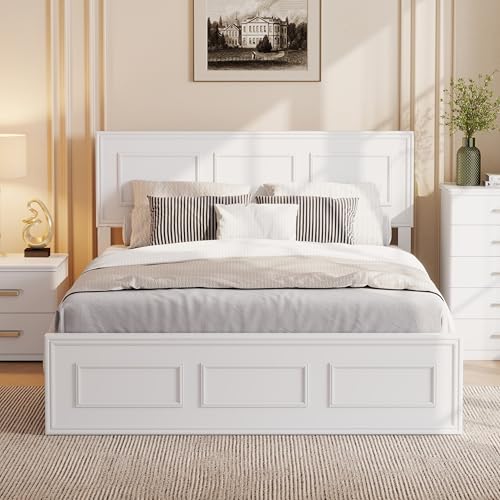 White Farmhouse Wood Full Size Bed Frame with Adjustable Headboard, view 4