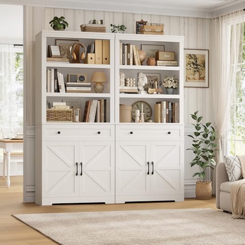 72" Tall Book Shelf and Bookcase, 14" Deep Bookshelf with Drawer and Doors, Farmhouse Book Case with Storage, Wood Storage Cabinet with Display Shelves for Home Office, Living Room, White
